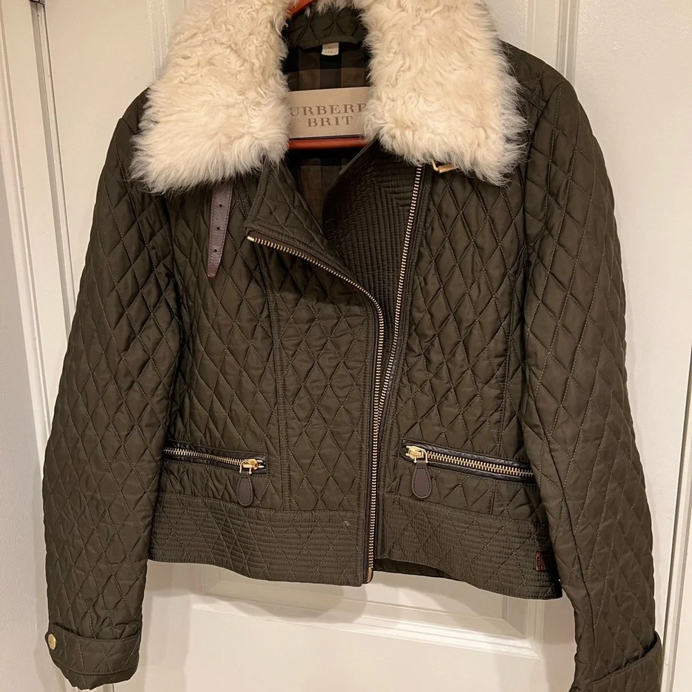 Burberry Olive Quilted Bomber Jacket with Cream Collar - Picture 1 of 7